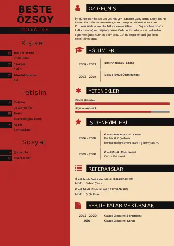Çocuk Gelişimi Bölümü CV Örnekleri cv indir